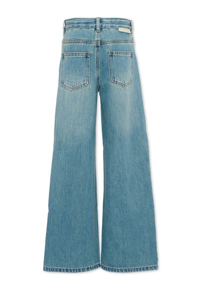 Lichtblauwe spijkerbroek met hoge taille en wijde pijpen, voorzien van twee achterzakken en riemlussen.