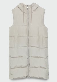 Veste matelassée beige sans manches avec fermeture éclair à l'avant, capuche avec cordons de serrage et deux poches latérales, posée à plat sur un fond neutre.