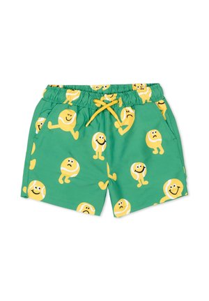 Zielone dziecięce szorty z żółtym sznurkiem i wesołymi postaciami piłek tenisowych pokazujących szczęśliwe i smutne wyrazy twarzy.