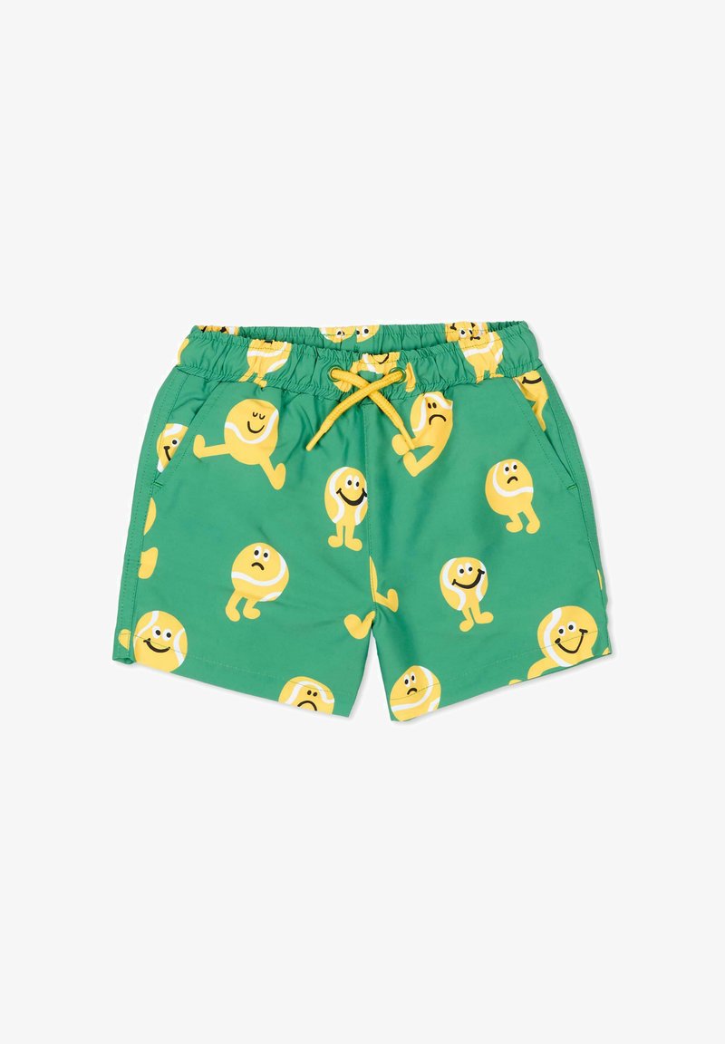 Shorts verts pour enfants avec cordon jaune et personnages de balles de tennis ludiques affichant des expressions faciales joyeuses et tristes.