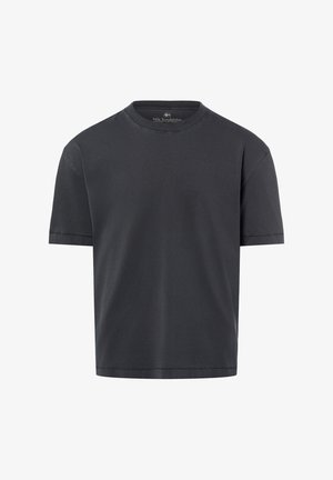 Black crew-neck t-shirt made of cotton. Short sleeves, relaxed fit, and finished with stitched hems. Tag visible at the neckline.