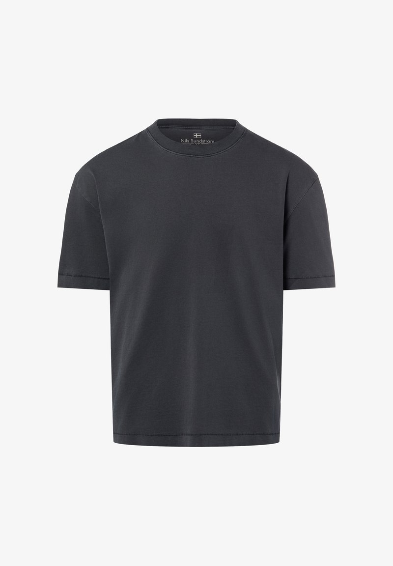 T-shirt noir à col rond en coton. Manches courtes, coupe décontractée, finition avec ourlets cousus. Étiquette visible au niveau de l'encolure.