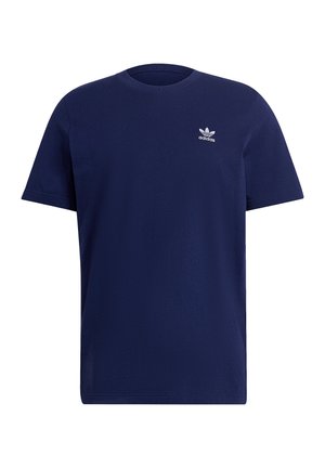 Granatowy T-shirt Adidas z krótkimi rękawami i małym białym logo Adidas na lewej piersi, jednolity wzór, bez wzorów i tekstu.