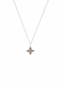 Collana in argento con pendente a forma di quadrifoglio abbellito con pietre semi-preziose di colore marrone chiaro e un delicato bordino di piccole strass.