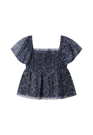 Blusa azul marino de manga corta con escote cuadrado, que presenta un cuerpo fruncido y patrones geométricos florales por todo el tejido.