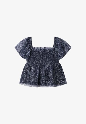 Tumesinine lühikeste varrukatega pluus ruudukujulise kaelusega, millel on smookitud ülakeha ja lillemustrilised geomeetrilised mustrid üle kogu pluusi.