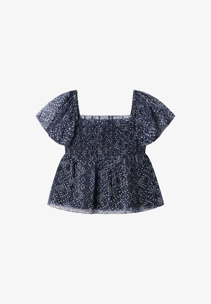 Tumesinine lühikeste varrukatega pluus ruudukujulise kaelusega, millel on smookitud ülakeha ja lillemustrilised geomeetrilised mustrid üle kogu pluusi.