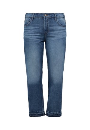 Jasnoniebieskie dżinsy z prostymi nogawkami, z delikatnym wyblaknięciem, zapinane na guzik oraz z pięcioma kieszeniami. Detale na krawędziach nogawek.