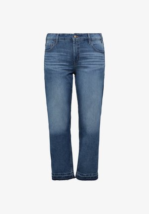 Jasnoniebieskie dżinsy z prostymi nogawkami, z delikatnym wyblaknięciem, zapinane na guzik oraz z pięcioma kieszeniami. Detale na krawędziach nogawek.