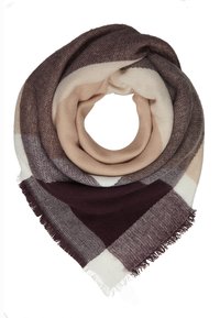 Écharpe tricotée dans des tonalités de brun, beige et crème, avec un motif à carreaux et des bords frangés, formant un style en boucle pour plus de chaleur.