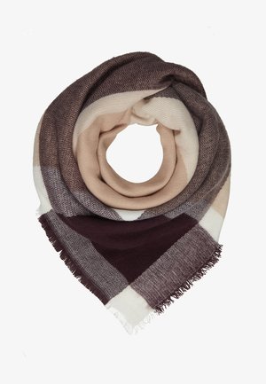 Knit scarf in shades of brown, beige, and cream, featuring a checkered pattern and fringed edges, forming a loop style for warmth.