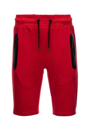 Rode sportieve shorts met een elastische tailleband en koord. Beschikt over twee zijzakken met zwarte ritssluitingen. Glad stoffen textuur.