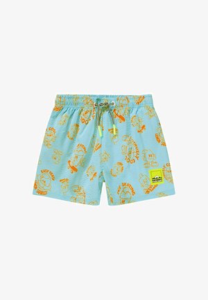 Vaaleansiniset uimashortsit oransseilla sarjakuvakuvioilla, joustavalla vyötärönauhalla, säädettävällä kiristysnauhalla ja pienellä logoplaasilla.