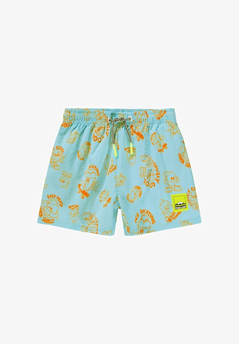 Bañador azul claro con estampados de dibujos animados naranjas, cintura elástica, cordón ajustable y un pequeño parche con el logo.