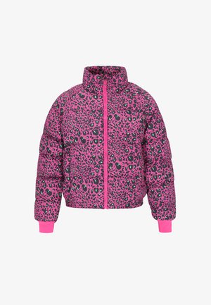 Jachetă pufosă cu un imprimeu îndrăzneț de leopard roz și negru, guler înalt, fermoar complet și manșete roz cu nervuri. Textură moale, design scurt.