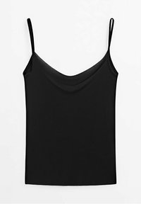 Débardeur noir avec de fines bretelles réglables, présentant un décolleté drapé et une texture de tissu lisse et léger.