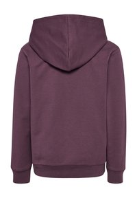 Lila Kapuzenpullover mit glatter Textur, ausgestattet mit einem Kordelzug in der Kapuze, gerippten Bündchen und Saum. Der Rücken ist schlicht, ohne Verzierung.