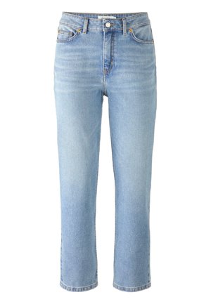Helle blaue Denim-Jeans mit hoher Taille, geradem Bein, fünf Taschen, sichtbaren Nähten und leichten Used-Effekten.