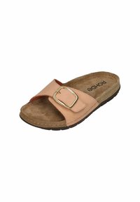 Pink slide sandal with a wide strap featuring a gold buckle, cushioned suede insole, and durable dark sole. Flat design for easy wear.