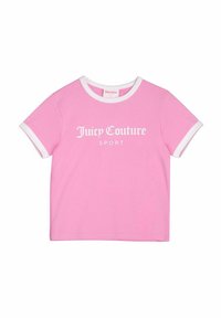 T-shirt en coton à manches courtes rose, avec un col rond blanc et des bords de manches blancs, avec "Juicy Couture SPORT" imprimé en blanc.