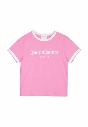 Pink short-sleeve T-shirt made of cotton, featuring white round collar and sleeve edges, with "Juicy Couture SPORT" printed in white.