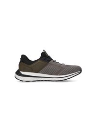 Grauer und olivgrüner Sportschuh mit strukturiertem Strickobermaterial, schwarzem Fersenkragen, weißer gepolsterter Sohle und schwarzer Gummiaußensohle.