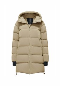 Giubbotto di piumino color khaki con zip frontale, grande cappuccio e dettagli neri ai polsini. Presenta un design trapuntato e un orlo con cordino per una vestibilità regolabile.