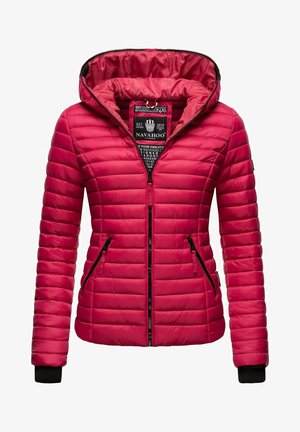 Sopiva untuvaTakki kirkkaan vaaleanpunaisena, jossa on huppu, vaakasuunnassa tikattu kuvio, kaksi sivutaskua vetoketjulla ja ribbireunukset.