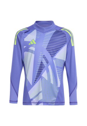 Long-sleeve purple sports shirt featuring geometric patterns in white and green, with a high collar and three-stripe accents on the shoulders.