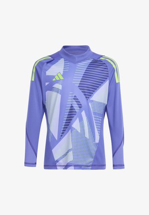 T-shirt de sport à manches longues de couleur violette présentant des motifs géométriques en blanc et vert, avec un col montant et des accents à trois bandes sur les épaules.