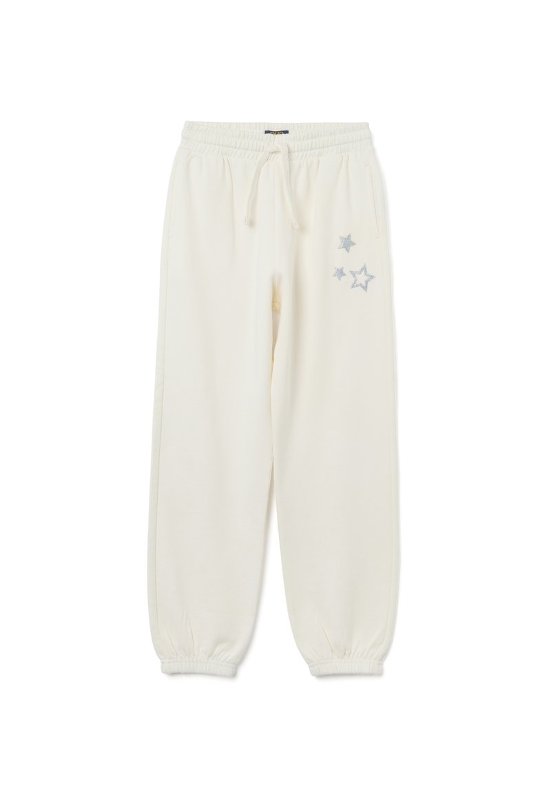Witte joggerbroek met elastische tailleband, enkelmanchetten en drie zilveren sterontwerpen op de bovenste rechterdij.