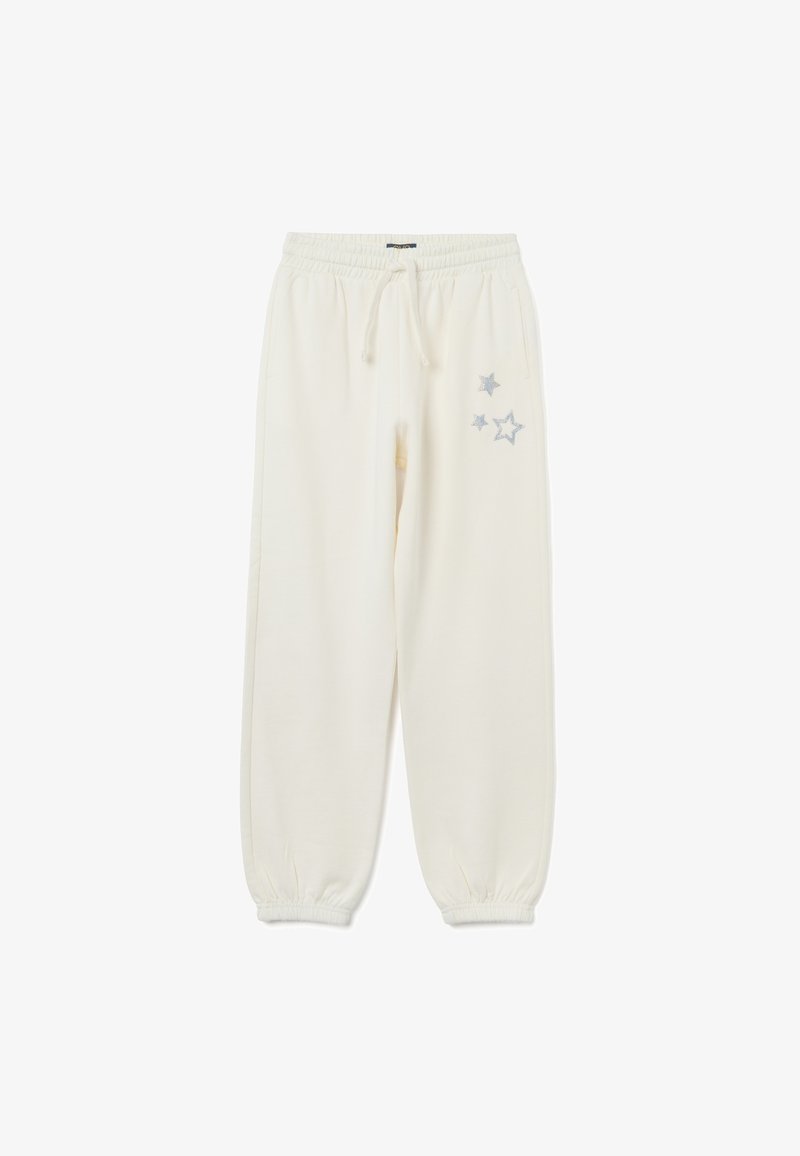 Witte joggerbroek met elastische tailleband, enkelmanchetten en drie zilveren sterontwerpen op de bovenste rechterdij.