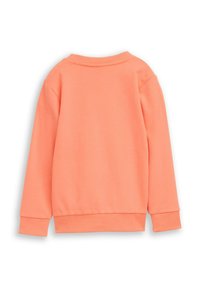 Korálová mikina s okrúhlym výstrihom, dlhými rukávmi a rebrovanými manžetami. Hladká textúra bez viditeľných vzorov alebo doplnkov.