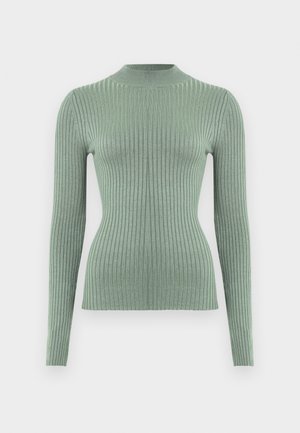 Rebrast dolg rokav top v mehki zeleni barvi, z visokim izrezom, oprijetim silhueto in teksturiranim pletenim vzorcem.