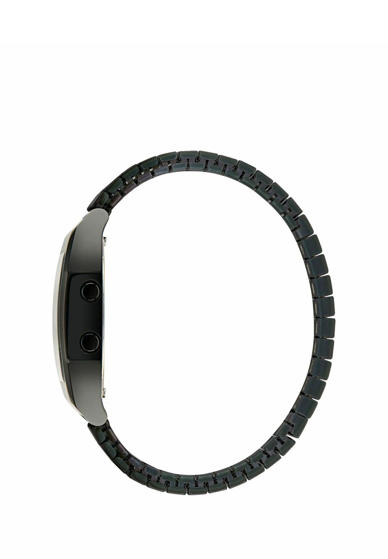 Schwarze Smartwatch mit einer glatten rechteckigen Anzeige, zwei runden Tasten und einem flexiblen Armband, das aus miteinander verbundenen glänzenden Gliedern besteht.