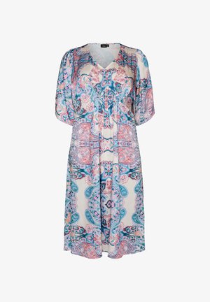Vestido hasta la rodilla con escote en V y mangas cortas abullonadas, con un estampado paisley colorido en azul, rosa y coral sobre un fondo crema.