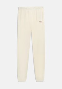 Krämfärgade Fila sweatpants med resårmidja, avsmalnande ben och en liten Fila-logotyp i mjuk rosa på vänster lår.