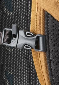 Black textured fabric with a gray plastic buckle and orange accents; features a mesh material with visible stitching and patterns.