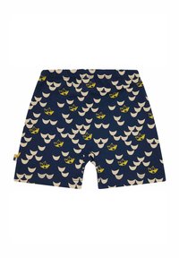 Pantaloni shorts blu navy realizzati in un tessuto morbido, con un motivo ripetuto di onde color crema e barchette di carta gialle. Vita elastica per un comfort ottimale.