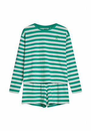 Zielono-białe pasiaste piżama składające się z długiego rękawa i szortów. Wykonane z miękkiego materiału o luźnym kroju, z małym graficznym detalem.