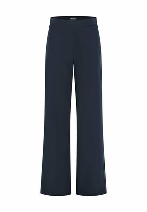 Donkerblauwe wijde broek met hoge taille en een gladde voorkant, ontworpen voor een ontspannen pasvorm.