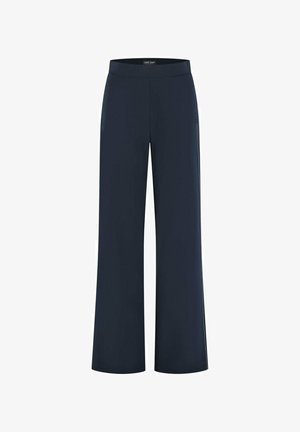 Donkerblauwe wijde broek met hoge taille en een gladde voorkant, ontworpen voor een ontspannen pasvorm.