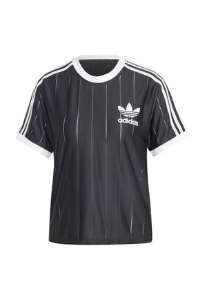 Czarna koszula z krótkim rękawem z białymi prążkami, okrągłym białym dekoltem oraz logo Adidas na lewej piersi; posiada kontrastujące białe mankiety na rękawach.