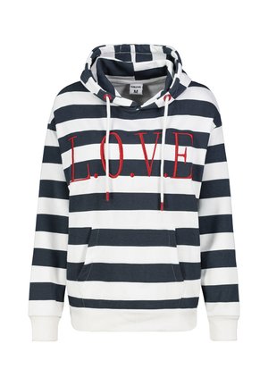 Navy und weiß gestreifter Hoodie mit rotem gesticktem "L.O.V.E."-Text, Kängurutasche und verstellbarem Kordelzug an der Kapuze. Mischgewebe aus Baumwolle.