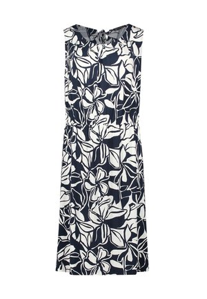 Mouwloze jurk tot aan de knieën met groot zwart-wit bloemenpatroon en een geplooide taille.