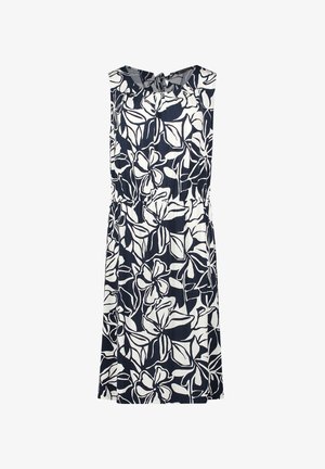 Ærmeløs knælange kjole med sort og hvidt stort blomstermønster og indsnævret talje.