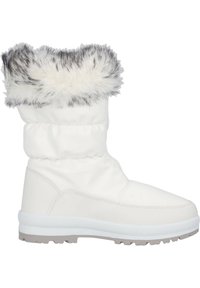 Botas blancas impermeables con un puño de pelaje gris y blanco, parte superior de sintético suave y una suela de goma texturizada diseñada para ofrecer tracción.