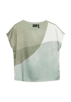 Damenoberteil mit kurzen Ärmeln und rundem Ausschnitt in Beige, Weiß und hellblauen abstrakten Farbblöcken, aus glattem Stoff.