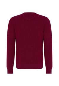 Maroon knit sweater featuring long sleeves, a crew neck, and ribbed hem and cuffs. Smooth texture with a fitted shape.