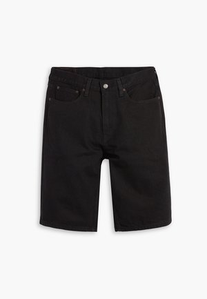 Shorts in denim nero con un taglio classico, cinque tasche e chiusura con bottone. Presentano dettagli di cucitura a contrasto e una superficie liscia.